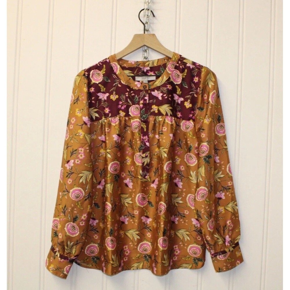 NWT Loft Mixed Print Henley Blouse Satin Floral Boho Cottagecore Romantic Size L